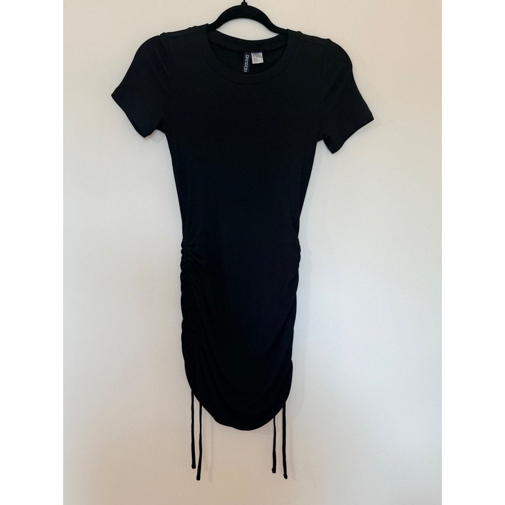 H&M Divided Womens Black Ribbed Ruched Side Drawstring Mini Bodycon Dress XS